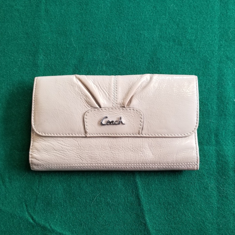 Coach Cream Leather Fold-Over Wallet with Logo Plaque